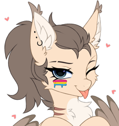 Size: 3150x3333 | Tagged: safe, artist:pesty_skillengton, oc, oc only, oc:dima, pegasus, pony, bust, chest fluff, ear fluff, female, heart, high res, mare, pansexual pride flag, piercing, portrait, pride, pride flag, pride month, simple background, sketch, solo, tongue out, transparent background, wings