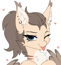 Size: 3150x3333 | Tagged: safe, artist:pesty_skillengton, oc, oc only, oc:dima, pegasus, pony, bust, chest fluff, ear fluff, female, heart, high res, mare, piercing, portrait, simple background, solo, tongue out, transparent background, wings