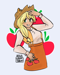 Size: 1532x1912 | Tagged: safe, artist:yam-yamyammy, applejack, human, g4, clothes, cutie mark background, cutie mark on clothes, eared humanization, eyelashes, female, freckles, grin, hat, humanized, signature, simple background, smiling, solo, white background
