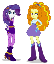 Size: 3000x3562 | Tagged: safe, alternate version, artist:bubblestormx, adagio dazzle, rarity, human, equestria girls, g4, belt, boots, bracelet, clothes, clothes swap, duo, female, fingerless gloves, gem, gloves, hairband, high heel boots, high res, jewelry, legs, shirt, shoes, shorts, simple background, siren gem, skirt, socks, stockings, thigh highs, transparent background