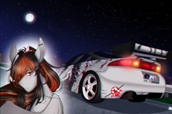 Size: 3000x2000 | Tagged: safe, artist:carbutt69, oc, oc only, oc:cannon car, pegasus, snake, anthro, car, car spoiler, ear piercing, female, high res, industrial piercing, mitsubishi, mitsubishi eclipse, moon, multicolored mane, night, night sky, piercing, sky, solo, wings