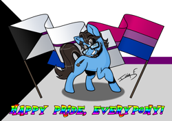 Size: 4961x3508 | Tagged: safe, artist:memprices, oc, oc only, oc:ibis paint, pony, unicorn, absurd resolution, bisexual pride flag, demisexual, demisexual pride flag, eye clipping through hair, glasses, grin, horn, looking at you, ponysona, pride, pride flag, pride month, raised hoof, smiling, smiling at you, solo, text, unicorn oc