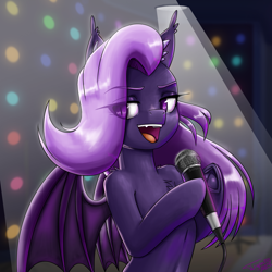 Size: 2160x2160 | Tagged: safe, artist:twigpaste, oc, oc only, oc:lilac night, bat pony, pony, semi-anthro, arm hooves, bat pony oc, bipedal, female, high res, human shoulders, karaoke, microphone, solo