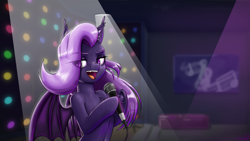 Size: 3840x2160 | Tagged: safe, artist:twigpaste, oc, oc only, oc:lilac night, bat pony, pony, semi-anthro, arm hooves, bat pony oc, bipedal, female, high res, human shoulders, karaoke, microphone, solo