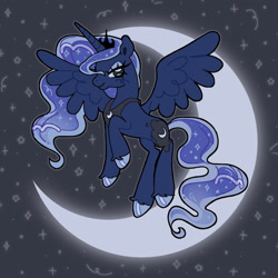 Size: 1280x1280 | Tagged: safe, artist:llemoncurdll, princess luna, alicorn, pony, g4, concave belly, crescent moon, crown, etherail tail, ethereal mane, eyelashes, female, flying, jewelry, looking at you, mare, missing accessory, moon, night, peytral, regalia, sky, slender, smiling, solo, spread wings, stars, thin, unshorn fetlocks, wings