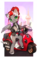 Size: 2608x4096 | Tagged: safe, artist:sofiko-ko, oc, oc only, oc:void, pegasus, pony, clothes, female, grin, hoof hold, jacket, leather, leather jacket, looking at you, mare, moped, nose piercing, nose ring, piercing, smiling, smiling at you, solo