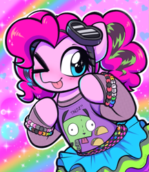 Size: 1015x1176 | Tagged: safe, artist:moozua, pinkie pie, earth pony, pony, g4, ;p, alternate hairstyle, bracelet, clothes, cute, demigirl pride flag, diapinkes, female, food, gir, invader zim, jewelry, mare, one eye closed, pride, pride flag, rainbow background, solo, taco, tongue out