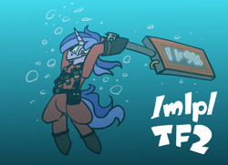 Size: 828x601 | Tagged: safe, artist:cowsrtasty, sea swirl, seafoam, pony, unicorn, g4, /mlp/ tf2 general, bubble, crepuscular rays, flowing mane, flowing tail, gradient background, horn, melee weapon, neon annihilator, pyro (tf2), pyroshark, smiling, solo, sunlight, swimming, tail, team fortress 2, text, underwater, water