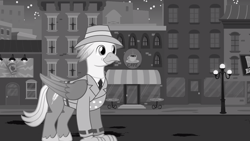 Size: 1280x720 | Tagged: safe, artist:mlp-silver-quill, oc, oc:silver quill, after the fact, after the fact:rarity investigates!, canterlot, clothes, grayscale, hat, monochrome, streetlight, suit