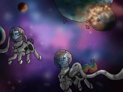 Size: 512x384 | Tagged: safe, artist:binibean, rainbow dash, rarity, pegasus, pony, unicorn, g4, duo, space, spacesuit