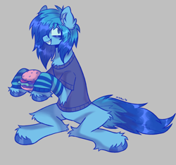 Size: 1971x1845 | Tagged: safe, artist:k0br4, oc, oc:max crow, earth pony, pony, burger, chest fluff, clothes, ear fluff, emo, eyeliner, featureless crotch, food, gloves, hair over one eye, looking at you, makeup, shirt, sitting, smiling, smiling at you, solo, teenager, two toned mane, unshorn fetlocks, younger