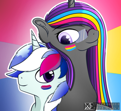 Size: 4710x4320 | Tagged: safe, artist:etheria galaxia, oc, oc only, oc:etheria galaxia, oc:scratch wub, alicorn, pony, unicorn, absurd resolution, alicorn oc, bisexual pride flag, chest fluff, duo, duo male and female, ear fluff, eyebrows, eyebrows visible through hair, female, glasses, horn, male, mare, pansexual pride flag, pride, pride flag, pride month, ship:scratchtheria, shipping, signature, smiling, stallion, unicorn oc, watermark, wings