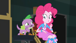 Size: 1280x720 | Tagged: safe, screencap, pinkie pie, spike, spike the regular dog, dog, human, equestria girls, equestria girls specials, g4, my little pony equestria girls: movie magic, boots, bracelet, clothes, female, jewelry, male, shirt, shoes, skirt, teenager