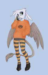 Size: 2489x3911 | Tagged: safe, artist:tomi_ouo, oc, oc only, oc:blake, griffon, anthro, blue background, femboy, griffon oc, high res, male, male oc, simple background, solo