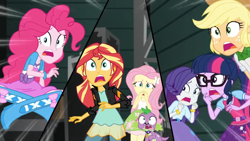 Size: 1280x720 | Tagged: safe, screencap, applejack, fluttershy, pinkie pie, rarity, sci-twi, spike, spike the regular dog, sunset shimmer, twilight sparkle, dog, human, equestria girls, equestria girls specials, g4, movie magic, belt, boots, bowtie, bracelet, clapboard, clothes, cowboy hat, freckles, glasses, hat, high heel boots, jacket, jewelry, leather jacket, open mouth, polish, ponytail, scared, shock, shoes, skirt, split screen, stetson, two sides