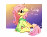 Size: 2048x1620 | Tagged: safe, artist:petaltwinkle, fluttershy, pegasus, pony, blushing, clothes, cute, dialogue, female, floppy ears, gradient background, hoodie, mare, messy mane, morning ponies, passepartout, shyabetes, sitting, solo, sunrise