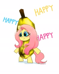 Size: 1620x2048 | Tagged: safe, artist:petaltwinkle, fluttershy, pegasus, pony, g4, banana, banana costume, beanbrows, bipedal, blushing, clothes, costume, cute, eyebrows, female, food, food costume, happy, littlebigplanet, mare, sackboy, shyabetes, silly, simple background, smiling, solo, white background