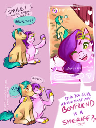 Size: 1800x2400 | Tagged: safe, artist:artsbysmarty, hitch trailblazer, pipp petals, earth pony, pegasus, pony, g5, cheek kiss, dialogue, female, hoof hold, kissing, looking at you, looking back, male, mare, one eye closed, open mouth, open smile, question mark, selfie, ship:pitch, shipping, sitting, smiling, smiling at you, speech bubble, stallion, straight, wink, winking at you