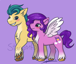 Size: 2699x2265 | Tagged: safe, artist:starspirit5, hitch trailblazer, pipp petals, earth pony, pegasus, pony, g5, backwards cutie mark, blushing, chest fluff, female, grin, high res, looking at each other, looking at someone, male, mare, purple background, ship:pitch, shipping, simple background, smiling, smiling at each other, spread wings, stallion, straight, watermark, wings