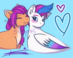 Size: 1810x1457 | Tagged: safe, artist:starspirit5, sunny starscout, zipp storm, earth pony, pegasus, pony, g5, blue background, blushing, ear fluff, eyebrow piercing, eyes closed, female, heart, lesbian, mare, nuzzling, piercing, ship:sunnystorm, shipping, signature, simple background, smiling, watermark