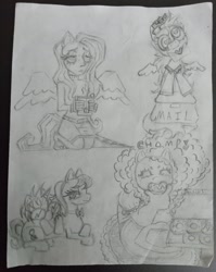 Size: 1631x2048 | Tagged: safe, artist:maretriarch, derpy hooves, dj pon-3, fluttershy, octavia melody, pinkie pie, vinyl scratch, earth pony, human, pegasus, pony, unicorn, donut, eared humanization, eating, female, food, heart, heart eyes, humanized, kneeling, lesbian, letter, lidded eyes, lying down, lying on top of someone, mailpony uniform, mare, monochrome, mouth hold, mug, pencil drawing, scratchtavia, shipping, sketch, sketch dump, tail, tailed humanization, teabag, traditional art, wingding eyes, winged humanization, wings