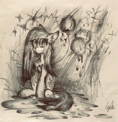 Size: 1985x2049 | Tagged: safe, artist:lydia, pinkie pie, earth pony, pony, g4, balloon, confusion, crazy face, dark, faic, female, liquid, looking at you, paper, pencil drawing, pinkamena diane pie, sad, sitting, sketch, solo, traditional art