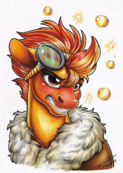 Size: 2457x3452 | Tagged: safe, artist:lupiarts, spitfire, pegasus, pony, g4, alcohol, angry, blushing, bomber jacket, bubble, clothes, copic, cross-eyed, drunk, drunk bubbles, ears back, female, goggles, goggles on head, hiccup, high res, jacket, mare, markers, redraw, solo, tipsy, tipsyfire, traditional art