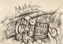 Size: 2227x1537 | Tagged: safe, artist:lydia, sweetie belle, gynoid, pony, robot, unicorn, g4, angry, confusion, crazy face, excited, faic, female, fight, gun, paper, pencil drawing, sketch, solo, sweetie bot, traditional art, weapon