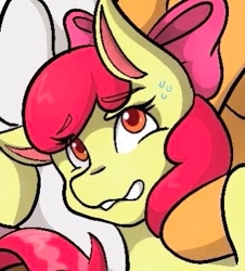 Size: 331x366 | Tagged: safe, artist:mscolorsplash, apple bloom, earth pony, pony, g4, female, filly, foal, nervous, offscreen character, solo focus, sweat, wavy mouth