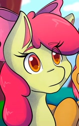 Size: 1028x1639 | Tagged: safe, artist:mscolorsplash, apple bloom, earth pony, pony, g4, bust, eye clipping through hair, female, filly, foal, offscreen character, solo, solo focus