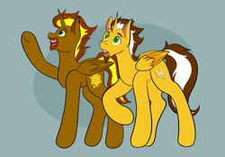Size: 2048x1423 | Tagged: safe, artist:mscolorsplash, oc, oc only, oc:brushstroke, oc:prince cosmic light, alicorn, pony, beard, commission, duo, facial hair, grin, male, one leg raised, open mouth, smiling, stallion