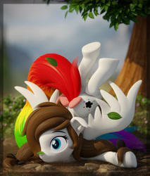 Size: 2160x2532 | Tagged: safe, artist:sgt_acey, oc, oc only, oc:color splash, pegasus, pony, 3d, bow, butt, crash landing, face down ass up, female, high res, leaves, mare, outdoors, plot, rainbow tail, solo, spread wings, tail, tail bow, tree, underhoof, wings
