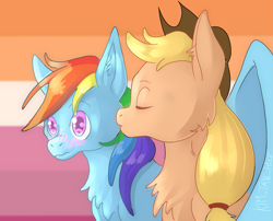 Size: 2839x2296 | Tagged: safe, artist:kim_trikhoof96, applejack, rainbow dash, earth pony, pegasus, pony, g4, cute, duo, female, high res, kissing, lesbian, lesbian pride flag, pride, pride flag, ship:appledash, shipping