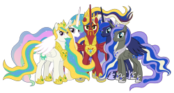 Size: 8548x4574 | Tagged: source needed, safe, alternate version, anonymous artist, princess celestia, princess luna, oc, oc:crown prince zenith sunshine, oc:crown princess perigee moonshine, oc:king equus, alicorn, pony, g4, absurd resolution, alicorn oc, aunt, aunt and nephew, aunt and niece, beard, brother, brother and sister, cousins, crown, crown prince, crown princess, cutie mark, description is relevant, ethereal mane, ethereal tail, eyebrows, eyelashes, eyeshadow, facial hair, family, father, father and child, father and daughter, father and mother, father and son, female, goatee, half-brother, half-cousins, half-siblings, half-sister, happy, hoof shoes, horn, jewelry, looking, looking at you, looking back, looking back at you, makeup, male, mare, mare of the moon, mother, mother and child, mother and daughter, mother and father, mother and son, moustache, nostrils, offspring, parent and child, parent:king equus, parent:princess celestia, parent:princess luna, parents:canon x oc, parents:celequus, parents:equuna, pony oc, prince, princess, product of incest, regalia, royal sisters, royalty, show accurate, siblings, simple background, sister, sisters, smiling, stallion, stallion of the sun, story included, tail, transparent background, vector, wall of tags, wings