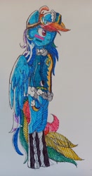 Size: 1347x2561 | Tagged: safe, artist:lindasaurie, rainbow dash, pegasus, semi-anthro, g4, ahoge, arm hooves, badge, boots, clothes, face paint, goggles, hatching (technique), partially open wings, salute, shoes, solo, traditional art, uniform, wings, wonderbolts uniform