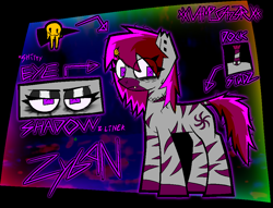 Size: 1936x1476 | Tagged: safe, artist:xxv4mp_g4z3rxx, oc, oc:zyban, zebra, bags under eyes, choker, eyeliner, eyeshadow, fangs, female, hairclip, makeup, piercing, pink eyes, reference sheet, smiley face, solo, studs, torn ear, trans female, transgender, zebra oc