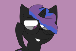 Size: 2203x1480 | Tagged: safe, artist:hexals, oc, oc only, oc:hexals equeeb, pony, unicorn, blue mane, purple background, purple eyes, purple mane, simple background, solo, sunglasses