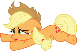 Size: 4497x3000 | Tagged: safe, artist:cloudy glow, applejack, earth pony, pony, g4, made in manehattan, .ai available, clothing damage, floppy ears, lying down, prone, scratches, simple background, solo, transparent background, vector