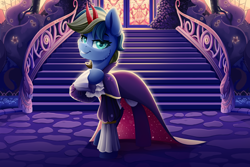 Size: 3000x2000 | Tagged: safe, artist:rainbowfire, oc, oc only, pony, unicorn, castle, clothes, complex background, cute, dress, female, grin, high res, horn, jacket, looking at you, mare, raised hoof, smiling, solo