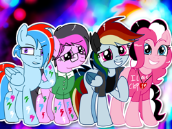 Size: 1024x768 | Tagged: safe, artist:mlpcartel, oc, oc:dragonfly, oc:raindroxx, oc:sperm pie, earth pony, pegasus, pony, elements of insanity, female, group, implied porn, mare, not pinkie pie, parent:fluttershy, parent:pinkie pie, parent:spongebob squarepants, rainbine