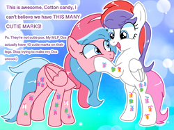 Size: 1366x1024 | Tagged: safe, artist:mlpcartel, oc, oc only, oc:cotton candy, oc:rosiedash, pegasus, pony, bipedal, cutie mark magic, duo, female, gradient background, looking at each other, looking at someone, mare