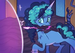 Size: 1534x1079 | Tagged: safe, artist:kreeeeeez, misty brightdawn, pony, unicorn, g5, missing the mark, my little pony: make your mark, my little pony: make your mark chapter 4, bracelet, female, friendship bracelet, jewelry, mare, scene interpretation, solo, tree branch