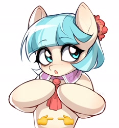 Size: 1906x2048 | Tagged: safe, artist:minekoo2, coco pommel, earth pony, pony, :o, blushing, female, fingers together, mare, open mouth, simple background, solo, white background