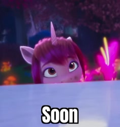 Size: 592x627 | Tagged: safe, edit, edited screencap, screencap, pony, unicorn, bridlewoodstock (make your mark), g5, my little pony: make your mark, my little pony: make your mark chapter 4, bridlewoodstock, caption, cropped, cute, female, image macro, mare, silver nova (g5), smiling, solo, soon, text, unnamed character, unnamed pony