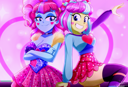 Size: 3168x2163 | Tagged: safe, artist:the-butch-x, kiwi lollipop, supernova zap, human, equestria girls, equestria girls series, g4, sunset's backstage pass!, spoiler:eqg series (season 2), ass, boots, breasts, busty kiwi lollipop, busty supernova zap, butt, choker, cleavage, clothes, cute, dress, duo, duo female, face paint, female, grin, high res, k-lo, k-lo betes, microskirt, miniskirt, postcrush, schrödinger's pantsu, shirt, shoes, skirt, smiling, socks, stockings, su-z, su-z booty, su-z-betes, thigh highs, thigh socks, zettai ryouiki