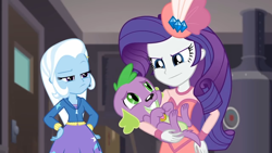 Size: 1920x1080 | Tagged: safe, screencap, rarity, spike, spike the regular dog, trixie, dog, human, equestria girls, equestria girls series, g4, rarity investigates: the case of the bedazzled boot, 1080p, clothes, cute, dress, female, grin, hat, male, oops, pillbox hat, rarity investigates (eqg): trixie, smiling, spikabetes, trio, trixie is not amused, unamused