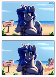 Size: 1600x2200 | Tagged: safe, artist:shadowreindeer, princess celestia, princess luna, alicorn, pony, g4, 2 panel comic, backlighting, beach, clothes, colored, comic, duo, eyebrows, eyebrows visible through hair, hoof hold, laughing, long mane, mischievous, panties, shading, sign, sitting, underwear, we don't normally wear clothes