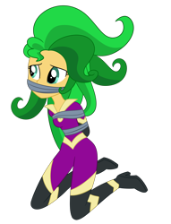 Size: 2000x2620 | Tagged: safe, artist:nie-martw-sie-o-mnie, mane-iac, sunset shimmer, human, equestria girls, g4, arm behind back, bondage, boots, bound and gagged, clothes, costume, female, gag, high heel boots, high heels, high res, kneeling, power ponies, shoes, simple background, solo, tape, tape bondage, tape gag, tied up, transparent background