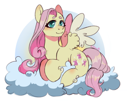 Size: 2640x2104 | Tagged: safe, artist:millman;, fluttershy, pegasus, pony, g4, beanbrows, blushing, cloud, eyebrows, female, fluffy, high res, lying down, mare, on a cloud, prone, smiling, solo, spread wings, turned head, wings