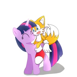 Size: 768x768 | Tagged: safe, artist:artisticdemonn, twilight sparkle, fox, pony, unicorn, g4, crossover, digital art, duo, eyes closed, female, happy, male, mare, miles "tails" prower, open mouth, riding, riding a pony, simple background, smiling, sonic the hedgehog (series), unicorn twilight, white background